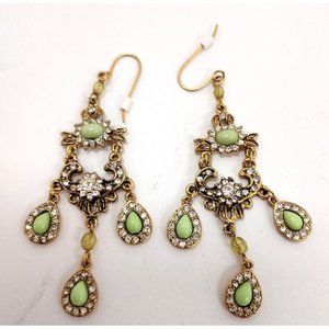 Earrings, Pierced  Gold tone Metal Green Stones with Clear Crystals